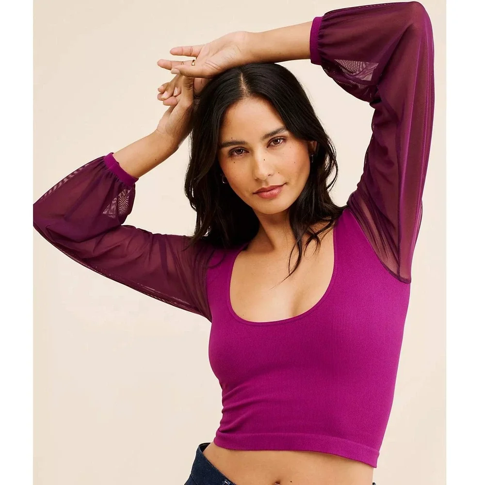 Free People Intimately Mesh Sleeve Ribbed Top Purple M/L Deep Scoop Neck